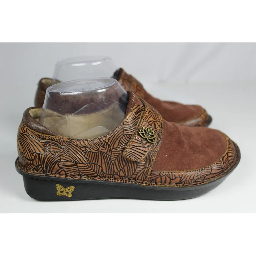 Alegria Paloma Brown Embossed Leather Suede Mary Jane Comfort Shoes Womens 38